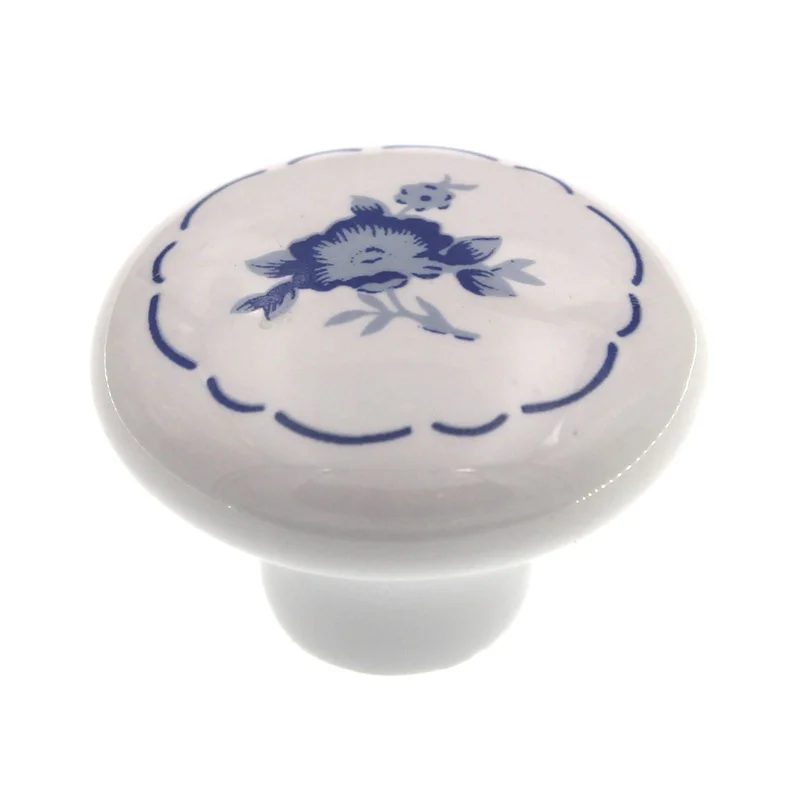 221DEL White with Blue Flower 1 1/2" Mushroom Cabinet Knob Pull Amerock Hardware