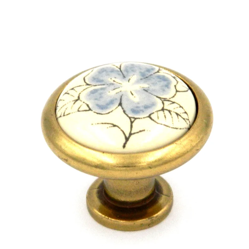 Belwith Hickory Hardware English Cozy Blue Flower Almond Ceramic Center 1 1/4" Knob P426-BF
