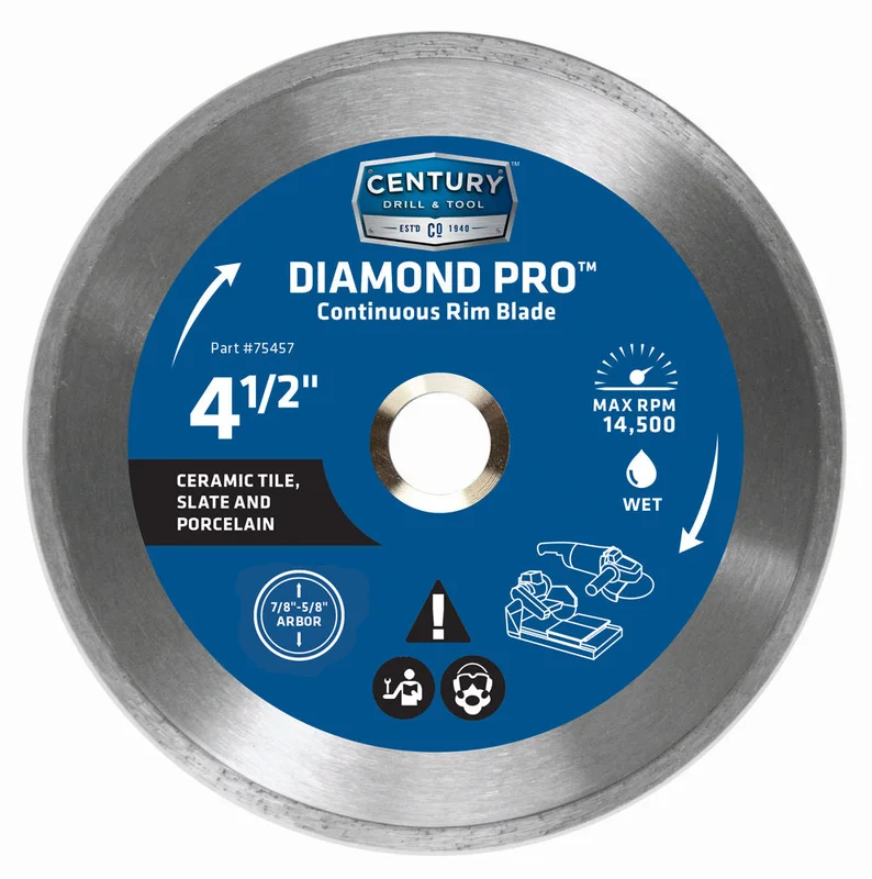Century Drill And Tool Diamond Continuous Rim 4-1/2 Saw Blade 7/8 Arbor 5/8 Adapter Wet Cut