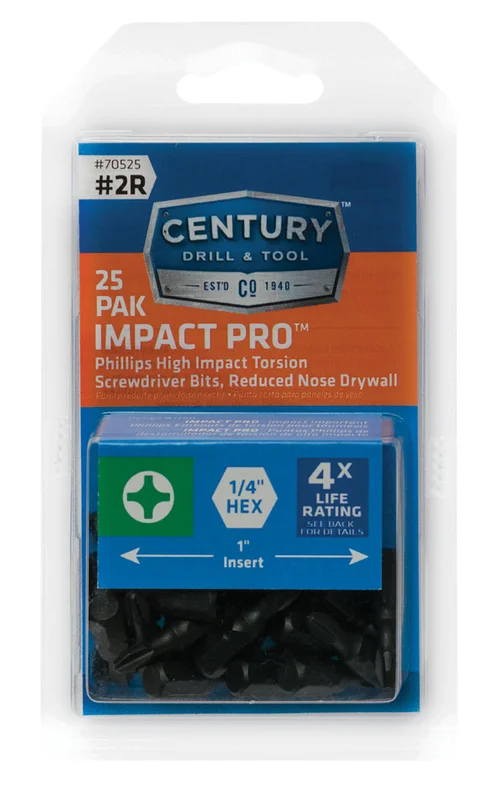 Century Drill And Tool Drywall Screwdriver Bit Phillips #2r Insert 1 Impact Pro 25 Pack