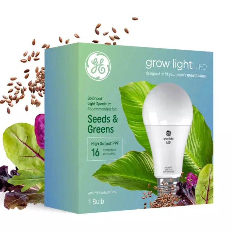 GE Grow LED Light Bulb, A19 Indoor Plant Light for Seeds and Greens 16 PPF
