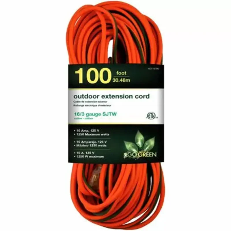 GoGreen Power 1 Outlet Heavy Duty Extension Cord w/Lighted End 16/3 100'
