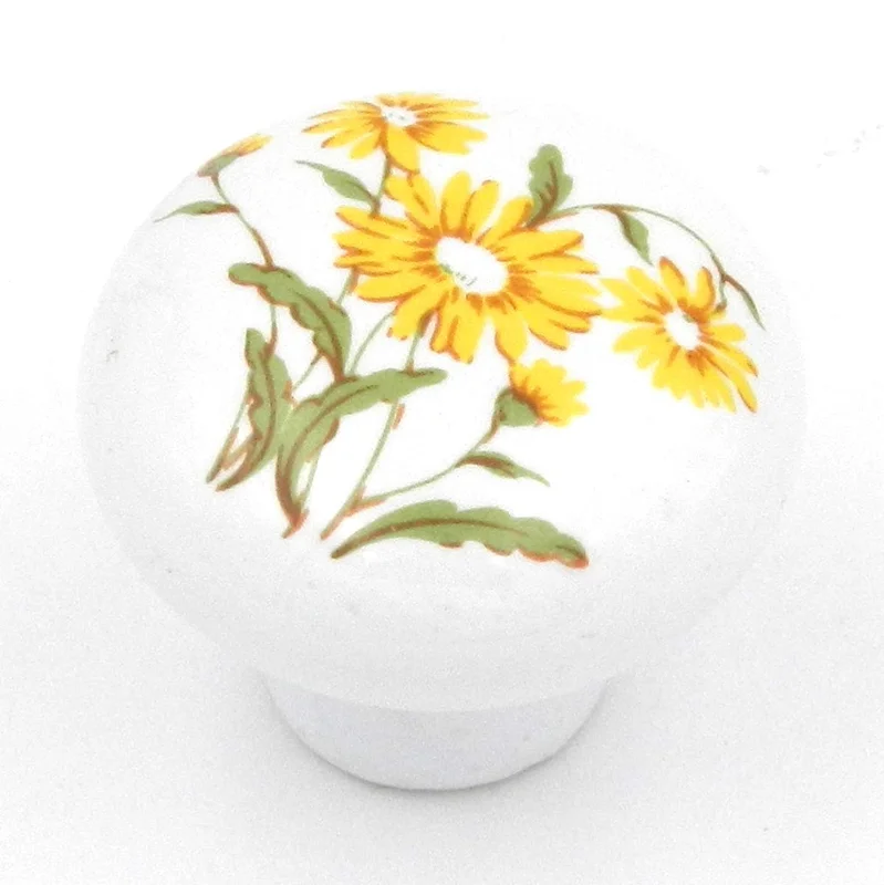 Hickory Hardware English Cozy White & Yellow Round Flowers 1 3/8" Porcelain Cabinet Knob P632-YF