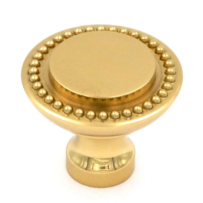 Hickory Hardware Manor House Polished Brass Round Flat Top Beaded Edge 1 1/4" Solid Brass Cabinet Knob P9165
