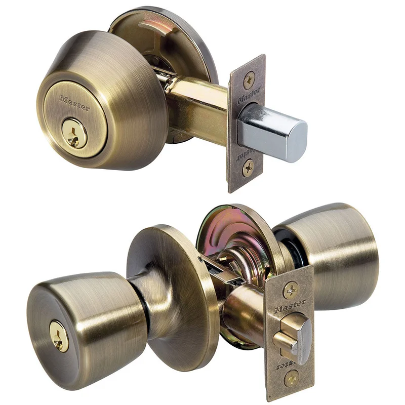 Master Lock Residential Grade 3 Door Hardware Tulip Style Knob Entry Door Lock with Single Cylinder Deadbolt; Combo Pack; Antique Brass Antique Brass