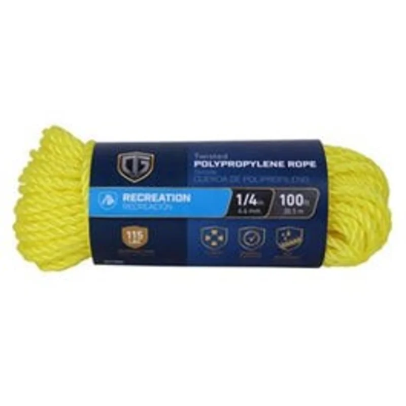 Polypropylene Rope, Twisted Braided, Yellow, 1/4-In. x 100-Ft.