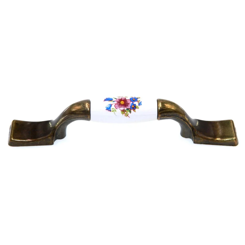 Vintage National Lock 3" CTC Brass Cabinet Pull White Flower Center 6240-FWB