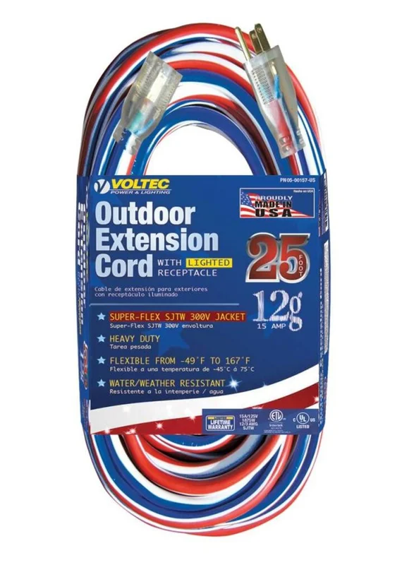 VOL-05-00157-US 25ft x 12/3 SJTW Red/White & Blue Ext Cord w/Lighted End, MADE IN THE USA. VOL-NEMA 5-15.