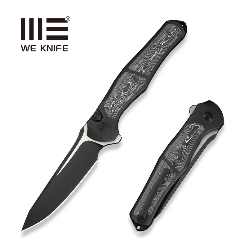 WEKNIFE 702XI Flipper & Button Lock Knife Black Titanium Integral Handle With Aluminum Foil Carbon Fiber Inlay (3.81" Black Stonewashed Bohler M390 Blade, Satin Flat) WE07B-2