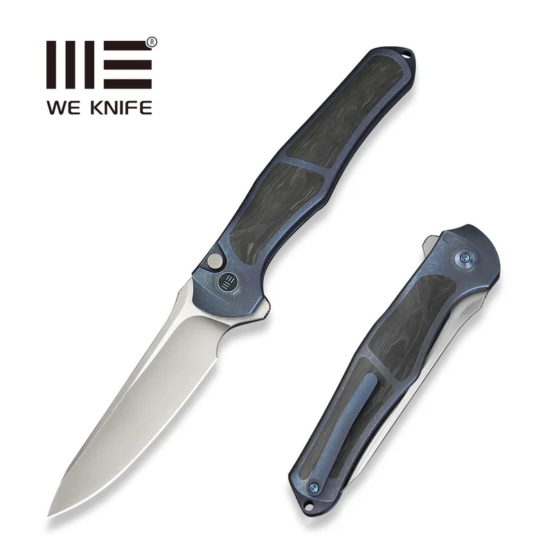 WEKNIFE 702XI Flipper & Button Lock Knife Blue Titanium Integral Handle With Shredded Carbon Fiber Inlay (3.81" Satin Finished Bohler M390 Blade) WE07B-1