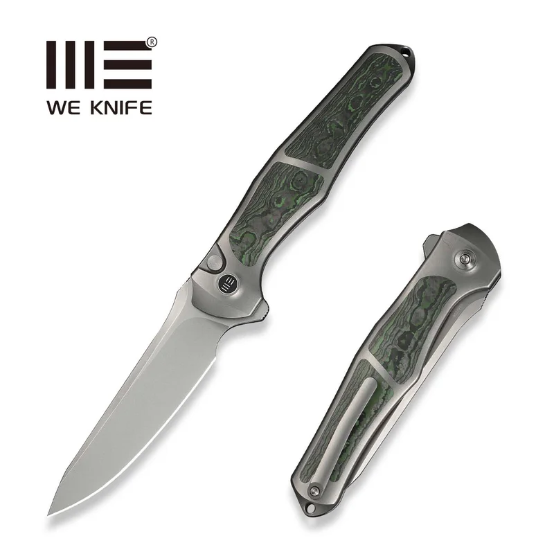 WEKNIFE 702XI Flipper & Button Lock Knife Gray Titanium Integral Handle With Jungle Wear Fat Carbon Fiber Inlay (3.81" Stonewashed Bohler M390 Blade) WE07B-4