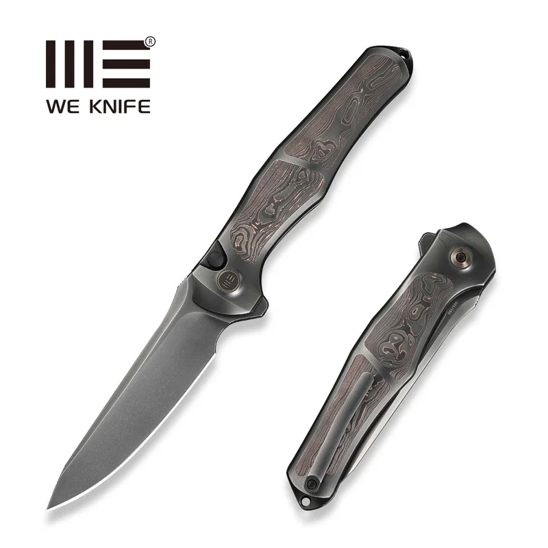 WEKNIFE 702XI Flipper & Button Lock Knife Polished Gray Titanium Integral Handle With Copper Foil Carbon Fiber Inlay (3.81" Polished Gray Bohler M390 Blade) WE07B-3