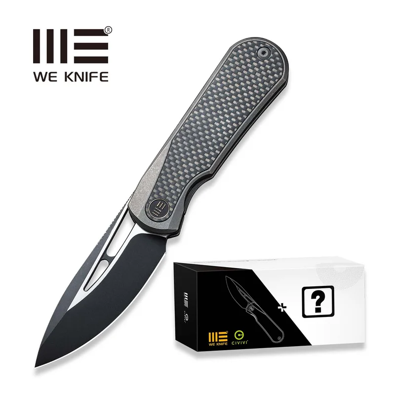 WEKNIFE Baloo Mystery Box Front Flipper & Thumb Hole Knife Gray Titanium Handle With Twill Carbon Fiber Inlay (3.31" Black Stonewashed CPM 20CV Blade, Satin Flat) WE21033-2 MB, With One Free Mystery WE Or CIVIVI Model