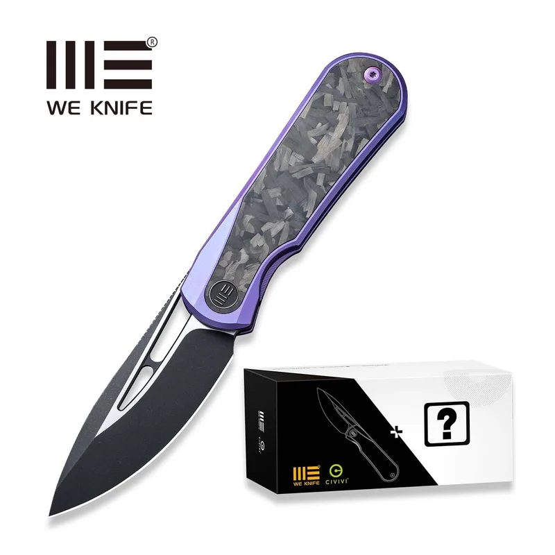 WEKNIFE Baloo Mystery Box Front Flipper & Thumb Hole Knife Purple Titanium Handle With Shredded Carbon Fiber Inlay (3.31" Black Stonewashed CPM 20CV Blade, Satin Flat) WE21033-3 MB, With One Free Mystery WE Or CIVIVI Model