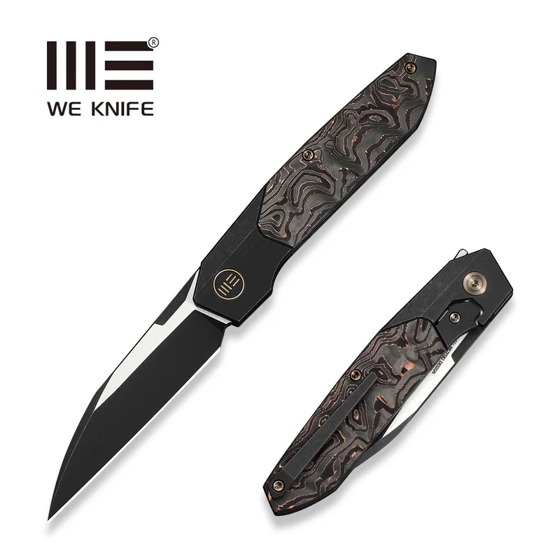 WEKNIFE Brr15 Flipper Knife Black Titanium Handle With Copper Foil Carbon Fiber Inlay (3.25" Black Stonewashed Bohler M390 Blade, Satin Flat) WE24007-1