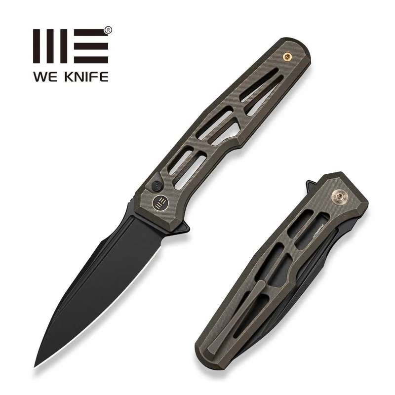 WEKNIFE Dressytak Flipper & Button Lock Knife Bronze Titanium Handle (3.37" Black Stonewashed Bohler M390 Blade) WE25059B Sample1