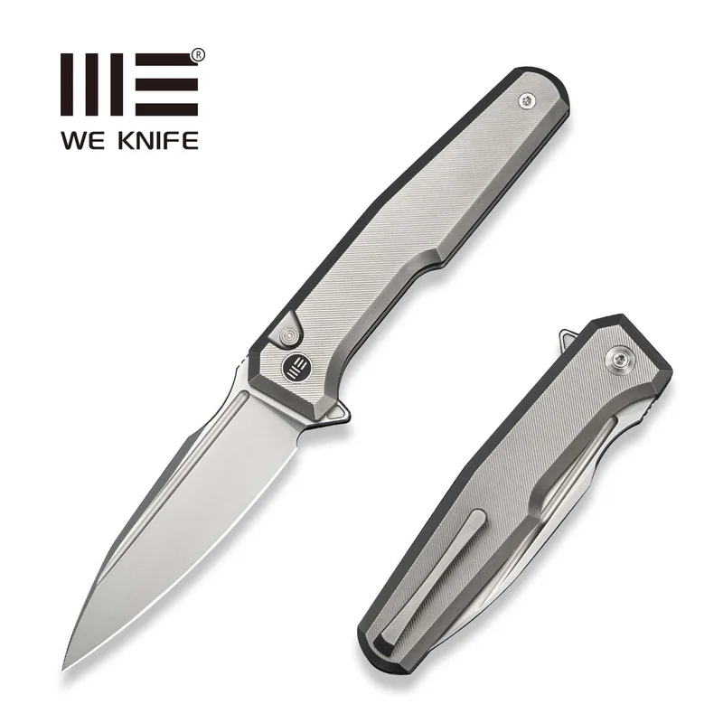WEKNIFE Dressytak Flipper & Button Lock Knife Polished Bead Blasted Titanium Handle (3.37" Polished Bead Blasted Bohler M390 Blade) WE25059 Sample1
