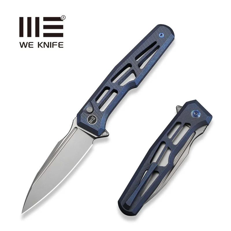 WEKNIFE Dressytak Flipper & Button Lock Knife Skeletonized Blue Titanium Handle (3.37" Stonewashed Bohler M390 Blade) WE25059B-2