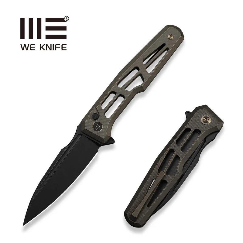 WEKNIFE Dressytak Flipper & Button Lock Knife Skeletonized Bronze Titanium Handle (3.37" Black Stonewashed Bohler M390 Blade) WE25059B-1