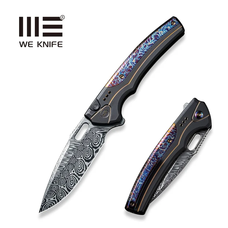 WEKNIFE Exciton Flipper & Thumb Hole & Button Lock Knife Titanium Handle (3.68" Damasteel Blade) WE22038A-DS1