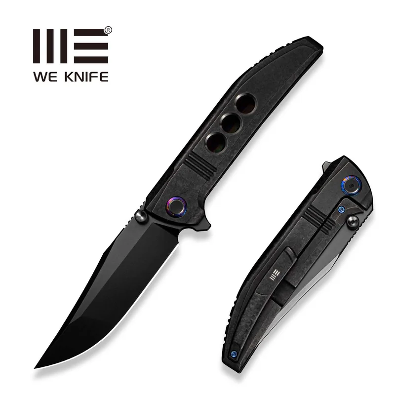 WEKNIFE Ezinta Flipper & Thumb Stud Knife Crystalized Black Titanium Integral Handle With Satin Holes (3.99" Black Bohler M390 Blade) WE22041-2025 BSW1