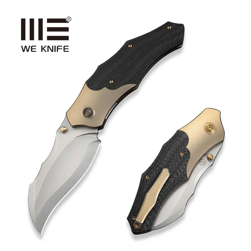 WEKNIFE Orc Boss Thumb Stud Knife Champagne Titanium Handle With Twill Carbon Fiber Inlay (3.82" Stonewashed CPM 20CV Blade) WE24042-2