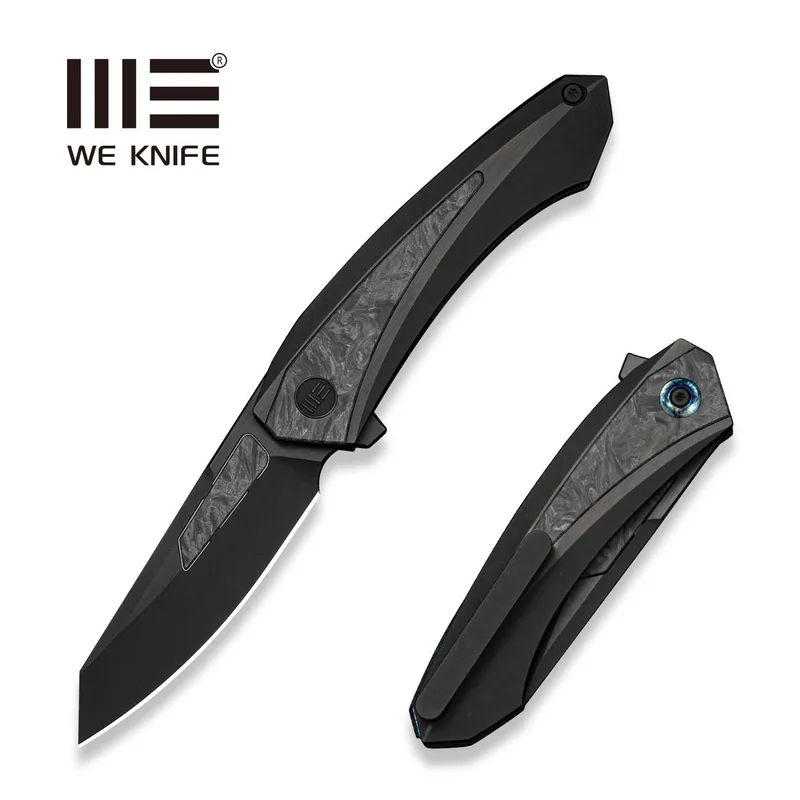WEKNIFE Suisei Flipper Knife 6AL4V Titanium With Black & Gray Carbon Fiber Inlay (3.28" Black Stonewashed Bevels, Black Brushed Flats Bohler M390 Blade With Black & Gray Carbon Fiber Inlay) WE25086 Sample1
