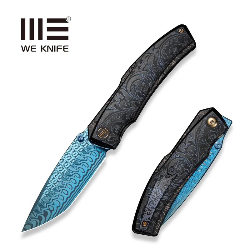 WEKNIFE Swordfin Front Flipper & Thumb Stud Knife Black Titanium Handle With Blue Laser Pattern Black Titanium Liner With Golden Laser Pattern (3.28" Hugin Damasteel Blade) WE23067-2025 BSW3