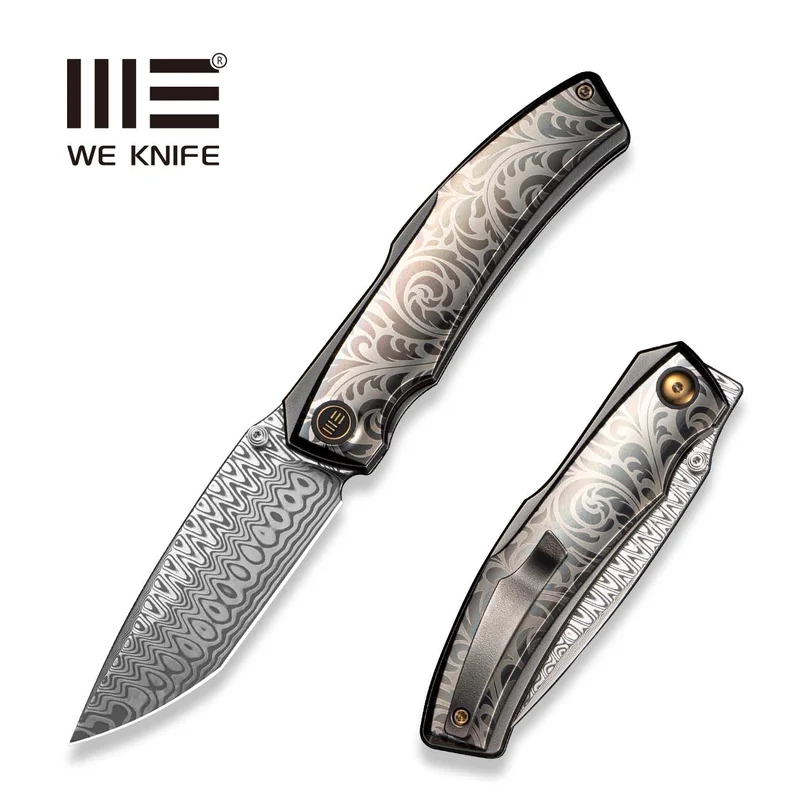 WEKNIFE Swordfin Front Flipper & Thumb Stud Knife Gray Titanium Handle With White Laser Pattern Polished Gray Orange Peel Textured Titanium Liner (3.28" Hugin Damasteel Blade) WE23067-2025 BSW2