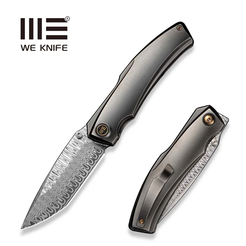 WEKNIFE Swordfin Front Flipper & Thumb Stud Knife Polished Gray Orange Peel Textured Titanium Handle Polished Gray Orange Peel Textured Titanium Liner (3.28" Hugin Damasteel Blade) WE23067-2025 BSW1