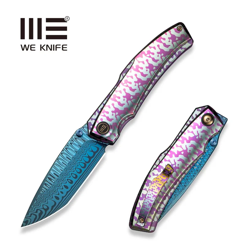 WEKNIFE Swordfin Front Flipper & Thumb Stud Knife Polished Handle With Purple Laser Pattern Polished Liner With Purple Laser Pattern (3.28" Hugin Damasteel Blade) WE23067-2025 BSW4