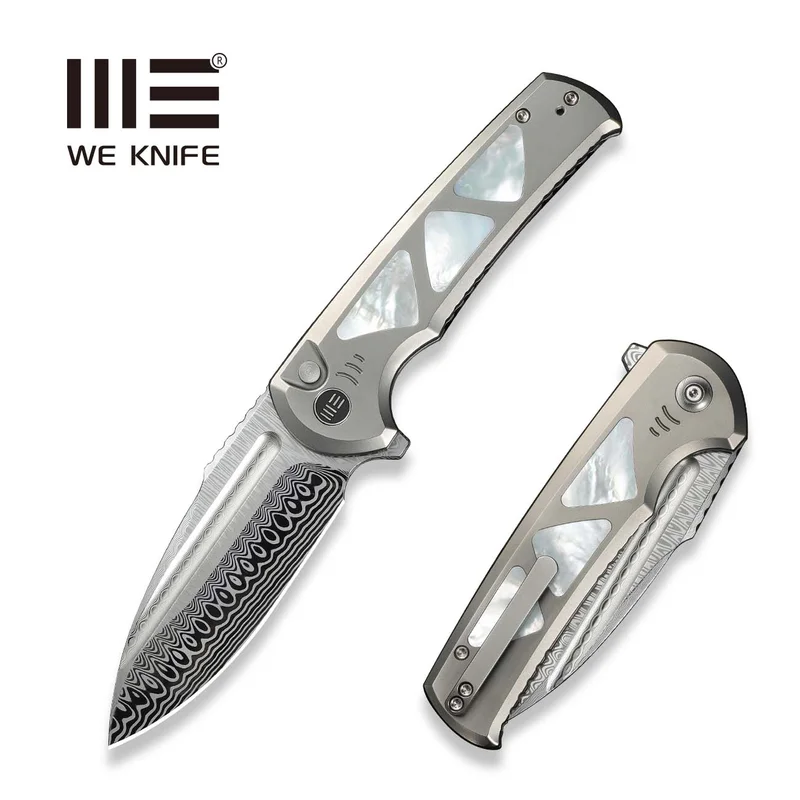 WEKNIFE Sylox Flipper & Button Lock Knife Titanium & Mother of Pearl Handle (3.8" Damasteel Blade) WE24027-DS1
