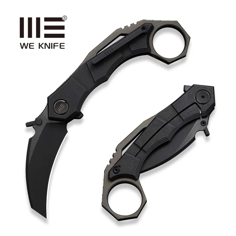 WEKNIFE Tayra Flipper Knife Black Titanium Handle Bronze Titanium Integral Backspacer & Finger Ring (2.19" Black Stonewashed Bevels, Black Brushed Flats Bohler M390 Blade) WE24069-1
