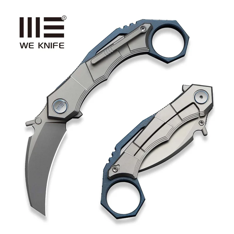 WEKNIFE Tayra Flipper Knife Gray Titanium Handle Blue Titanium Integral Backspacer & Finger Ring (2.19" Stonewashed Bohler M390 Blade) WE24069-2
