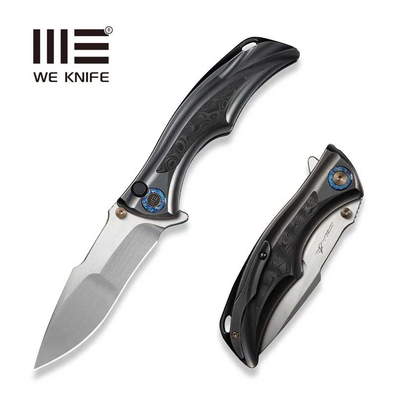 WEKNIFE Tighe Down Flipper & Thumb Stud & Button Lock Knife Polished Gray Orange Peel Textured Titanium Integral Handle With Rose Carbon Fiber Inlay (4" Hand Rubbed Satin Bohler M390 Blade, Drop Point) WE24054-2