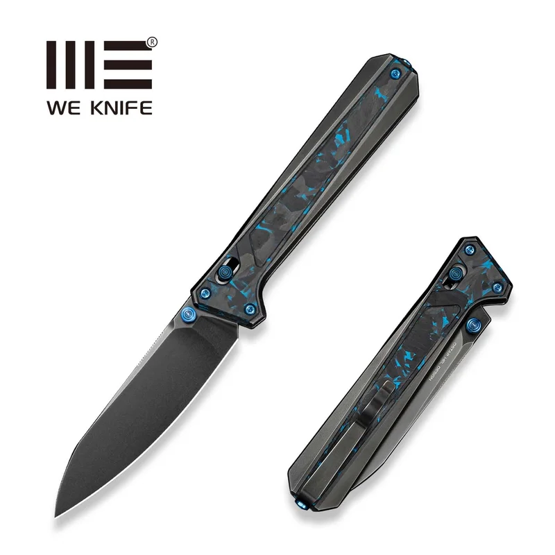 WEKNIFE Trion Thumb Stud & Crossbar Lock Knife Black  Titanium With Black & Blue Carbon Fiber Inlay ( 3.78" Polished Gray Bohler M390 Blade) WE25069 Sample2