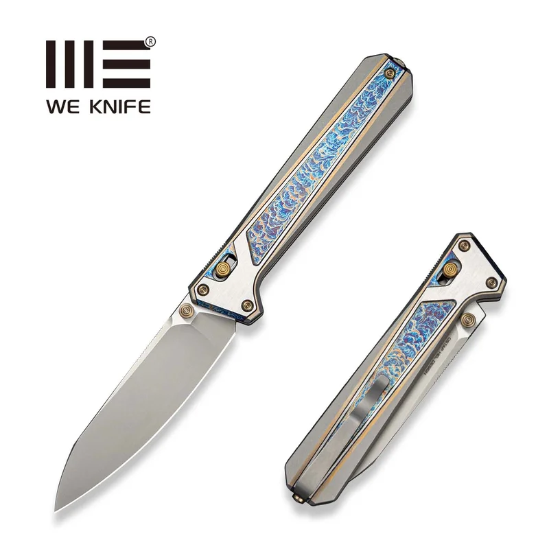 WEKNIFE Trion Thumb Stud & Crossbar Lock Knife Gray / Flamed / Golden / Satin Titanium Handle ( 3.78" Stonewashed Bohler M390 Blade, Satin Flat) WE25069 Sample1