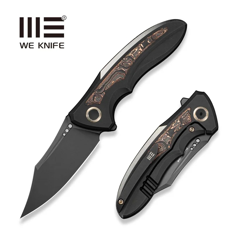 WEKNIFE VARG Flipper Knife Black Titanium With Copper Foil Carbon Fiber Inlay (2.96" Black Stonewashed M390 Blade) WE25074 Sample1