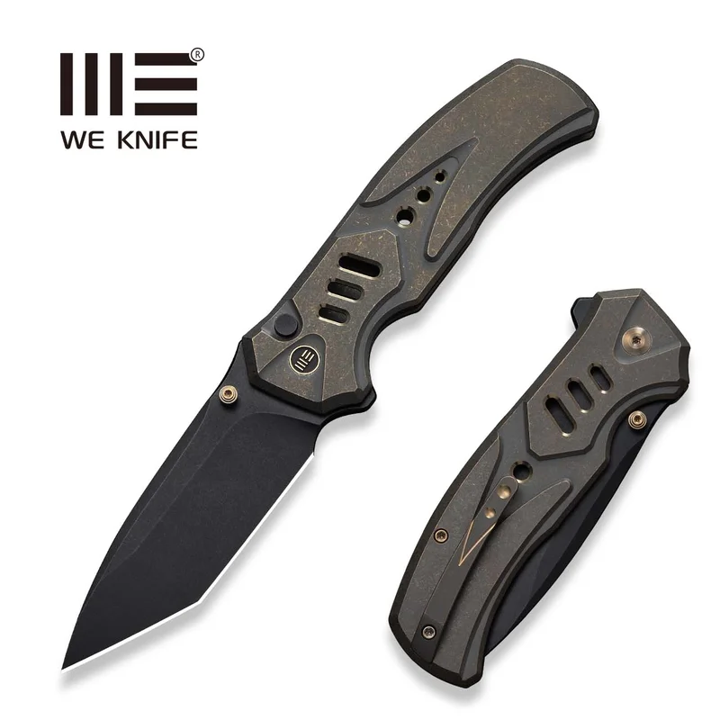 WEKNIFE Zentron Flipper & Thumb Stud & Button Lock Knife Bronze Titanium Handle (3.48" Black Stonewashed Bohler M390 Blade) WE24094-3