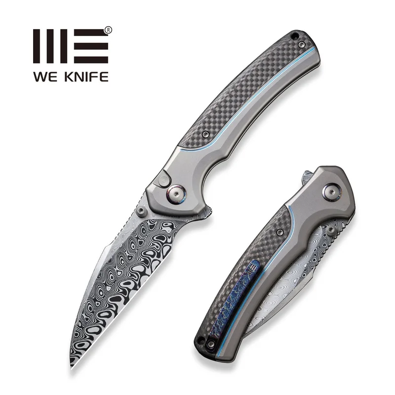 WEKNIFE Ziffius Flipper & Thumb Stud & Button Lock Knife Titanium & Carbon Fiber Handle (3.7" Damasteel Blade) WE22024A-DS1