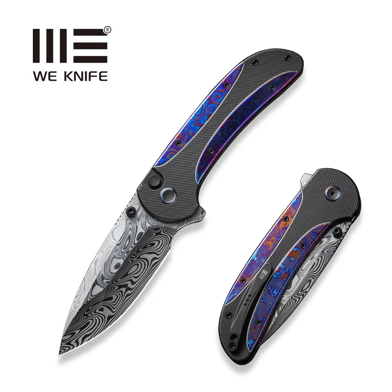 WEKNIFE Zizzit Flipper & Thumb Stud & Button Lock Knife Titanium Handle (3.8" Damasteel Blade) WE23031-DS1
